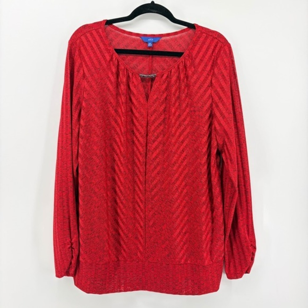 APT 9‎ Red Chevron Print Long Sleeve V Neck Top Women's Plus Size XXL